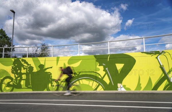 New bicycle tunnel at the junction of the B51 and Warendorfer Straße, in Münster, a bicycle and pedestrian tunnel, 150 metres long, 5.50 metres wide, crosses under the busy roads so that cyclists and pedestrians can pass without crossing, route to and from Münster city centre, visually designed with local motifs as murals, by Lackaffen.de, modern bicycle infrastructure, North Rhine-Westphalia, Germany