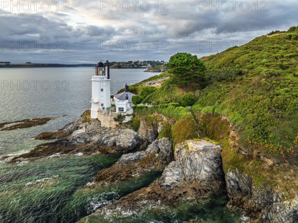St Anthony Lighthouse from drone, Roseland peninsula, Head circular walk, Cornwall, UK