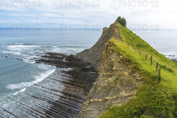 Breathtaking view of the flysch cliffs meeting the ocean waves at sakoneta beach, zumaia, in the basque country, showcasing the unique geological formations