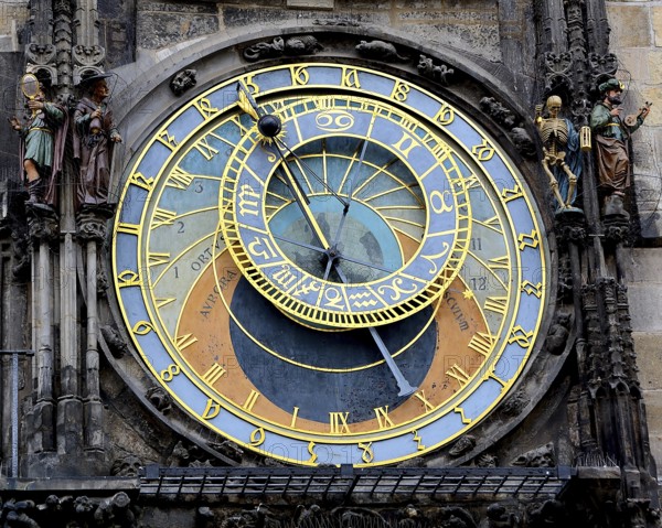 Close up of the historical astronomical clock, featuring intricate details, zodiac signs, and time indicators, located in prague, czech republic