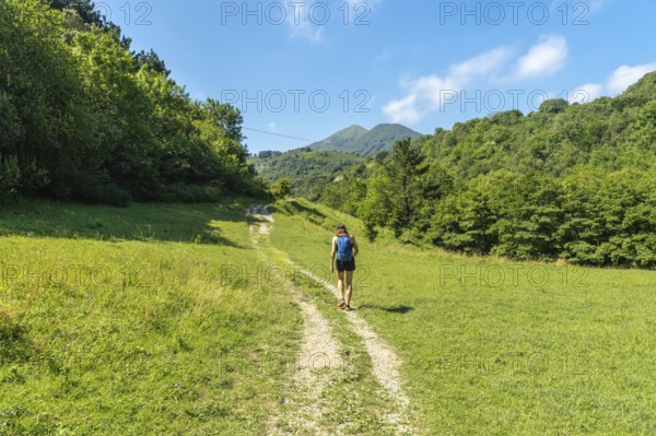 Female hiker walking on a path surrounded by lush green grass and trees, with mountains in the background, near sakoneta beach in zumaia, basque country