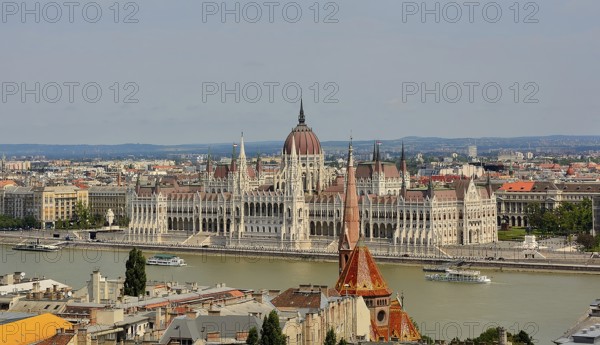 Panoramic view of the hungarian parliament building on the danube river in budapest, hungary, showcasing the city's architectural beauty and historical significance