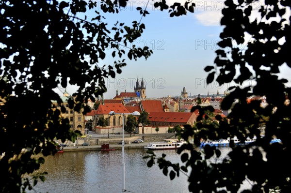 Prague cityscape with vltava river, church of our lady before tyn and tiled roofs framed by leaves of a tree