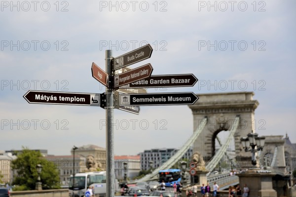 Brown tourist signs indicating directions to matthias church, buda castle, hungarian national gallery, castle garden bazaar and semmelweis museum, with chain bridge in the background