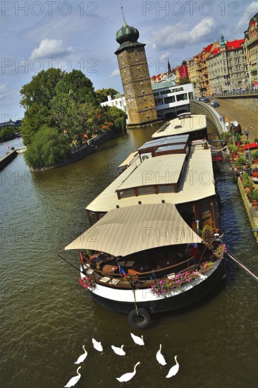 Floating restaurant on vltava river in prague with white swans swimming nearby and the medieval water tower in the background