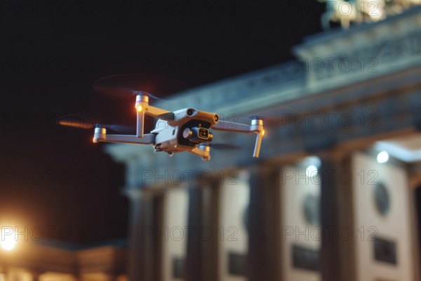 Ein Fernpilot steuert sein Quadrocopter, Drohne illegal über dichtbesiedeltes Stadtgebiet an einem touristischem Hotspot mit vielen Menschen, Symbolbild für illegaler Drohnenbetrieb über Menschenmengen, kritische Infrastruktur, Flugverbot, Betriebsverbot, Persönlichkeitsrechte, Eigentumsrechte, Urheberrechte, AI generiert, AI generated
