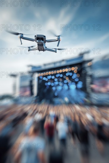 Ein Fernpilot steuert sein Quadrocopter, Drohne illegal über ein Open-Air Musik Konzert mit vielen Menschen, Symbolbild für illegaler Drohnenbetrieb über Menschenmengen, Missachtung von Flugverbotszonen, kritische Infrastruktur, Flugverbot, Betriebsverbot, Persönlichkeitsrechte, Eigentumsrechte, Urheberrechte, AI generiert, AI generated
