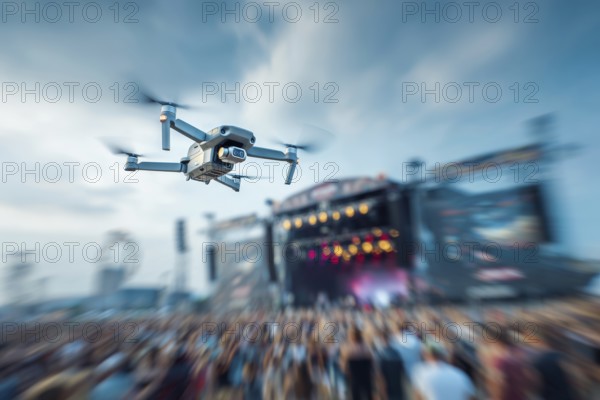 Ein Fernpilot steuert sein Quadrocopter, Drohne illegal über ein Open-Air Musik Konzert mit vielen Menschen, Symbolbild für illegaler Drohnenbetrieb über Menschenmengen, Missachtung von Flugverbotszonen, kritische Infrastruktur, Flugverbot, Betriebsverbot, Persönlichkeitsrechte, Eigentumsrechte, Urheberrechte, AI generiert, AI generated