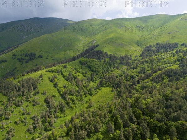 Densely forested mountain slopes with view of green valley under partly cloudy sky, aerial view, Dilijan National Park, Dilijan, Dilijan, Delijan, Delijan, Tavush province, Tavush, Armenia