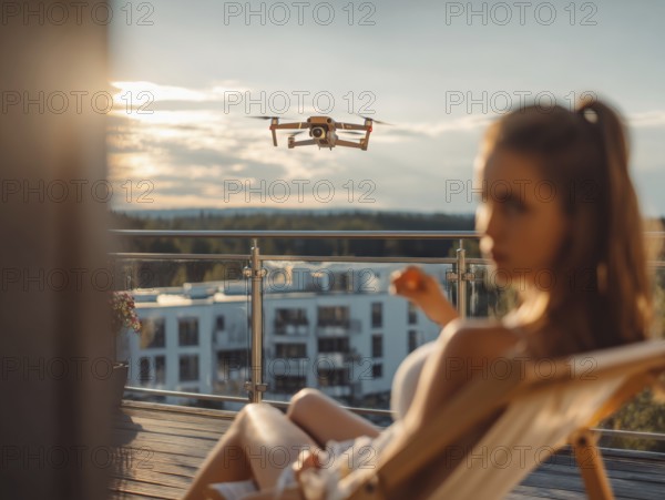 Ein Fernpilot steuert sein Quadrocopter, Drohne in einem dicht besiedeltem Wohngebiet und nähert sich sehr nahe an eine Person auf einer Terrasse um illegale Videoaufnahmen oder Fotos zu erstellen, Symbolbild für unbefugtes Fotografieren von Personen, innerhalb eines geschützten Bereiches, Verletzung der Privatsphäre, Persönlichkeitsrechte, Missachtung von Flugverbotszonen, Datenschutz, AI generiert, AI generated