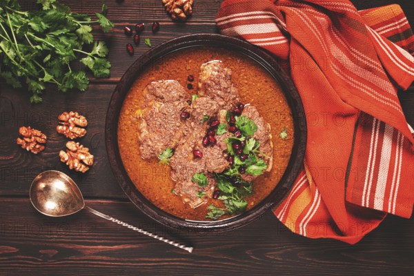 Fesenjan, an Iranian dish, stewed chicken, in walnut-pomegranate sauce, in an earthen pan, homemade, no people
