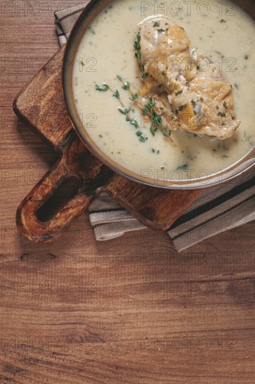 Chikhirtma chicken soup, Georgian dish, with lavash, top view, no people