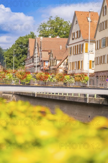 Summer view of half-timbered houses and a bridge along the river, small town of Perle Calw, Black Forest, Germany