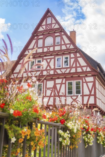 Half-timbered house with lush floral decorations under a clear sky conveys a summery atmosphere, small town pearl Calw, Black Forest, Germany