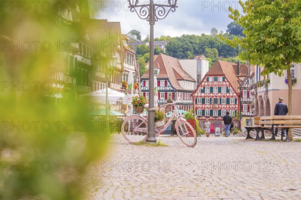 Malewes cityscape with pink bicycle and flowers in focus, framed by traditional architecture, small town pearl Calw, Black Forest, Germany
