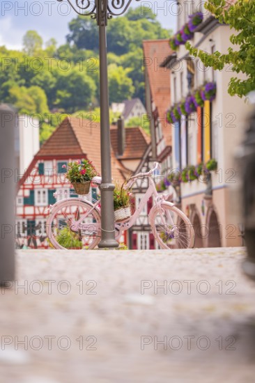 Picturesque townscape with pink bicycle in the centre, surrounded by traditional architecture, small town pearl Calw, Black Forest, Germany