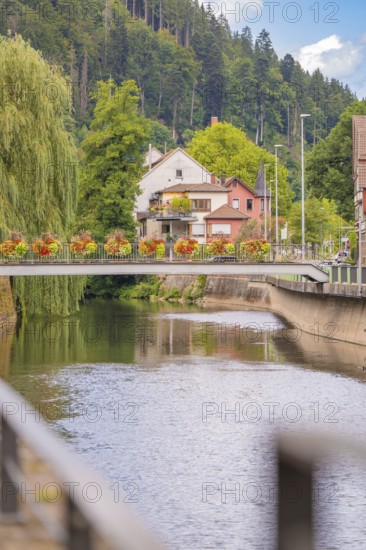 River with bridge and decorated railing, surrounded by green trees and buildings, small town of Perle Calw, Black Forest, Germany