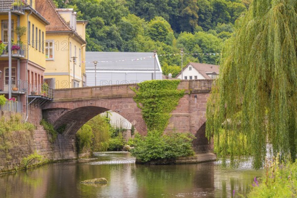 River with stone bridge and buildings surrounded by green nature and pastures, small town of Perle Calw, Black Forest, Germany