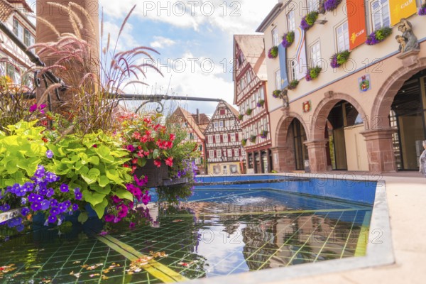 Colourful view of a fountain with half-timbered houses, decorated with flowers and reflecting water under a blue sky, small town of Perle Calw, Black Forest, Germany