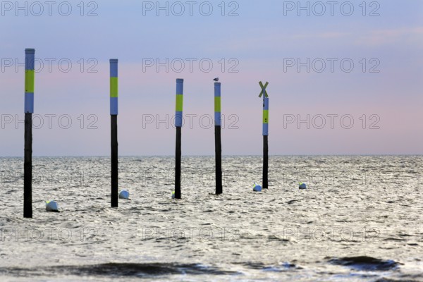Five poles in a row, marker, sea mark, buoys, evening sky, Sankt Peter-Ording, Eiderstedt peninsula, Wadden Sea National Park, North Sea, North Frisia, Schleswig-Holstein, Germany