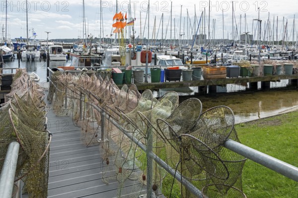 Strander Fischersteg, boat harbour, fishing harbour, marina, fish traps, Strande, Schleswig-Holstein, Germany