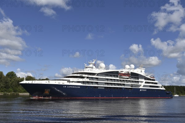 Luxury cruise ship LE LAPEROUSE sails through the Kiel Canal, Kiel Canal, Kiel Canal, Schleswig-Holstein, Germany