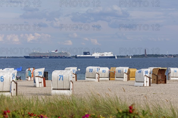 Cruise ship Mein Schiff 7, DFDS ferry, Laboe naval memorial, Kiel Fjord, beach chairs on the beach at Strande, Schleswig-Holstein, Germany