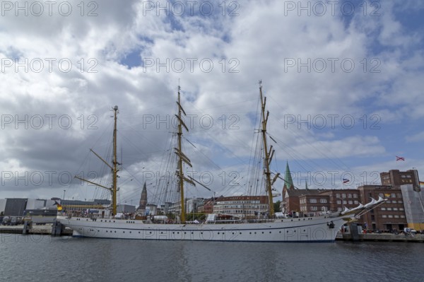 Sailing training ship Gorch Fock moored in the harbour, Kiel, Schleswig-Holstein, Germany