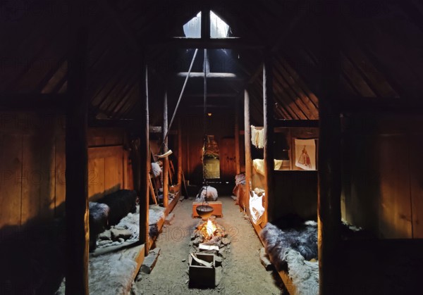 Interior view of Eiríksstadir, Viking-era longhouse, where the discoverer of America Leifur Eiríksson was born, Haukadlur, West Iceland, Iceland