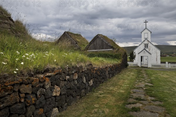 Grass sod house settlement Grenjadarstadur with church, Thingeyjarsveit municipality, North Iceland, Iceland