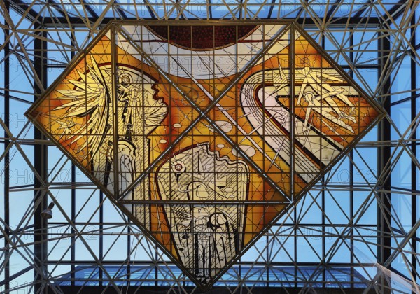 Stained glass artwork entitled Icarus, one of two glass artworks by Leifur Breidfjörd at Keflavik Airport, Reykjanesskagi, Iceland
