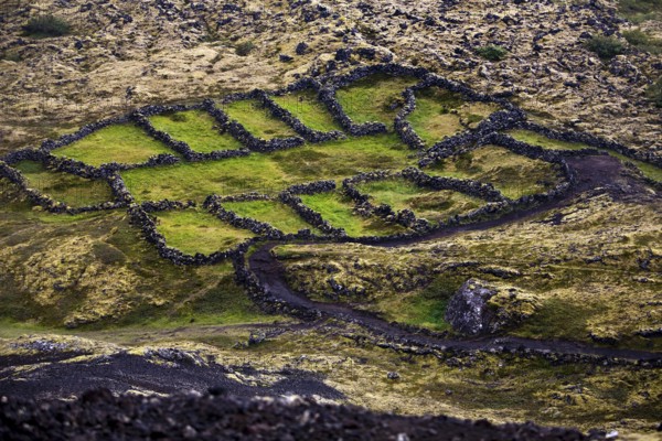 Gamla-Brekkurétt seen from the air next to the volcanic crater Stóra-Grábrók, Iceland
