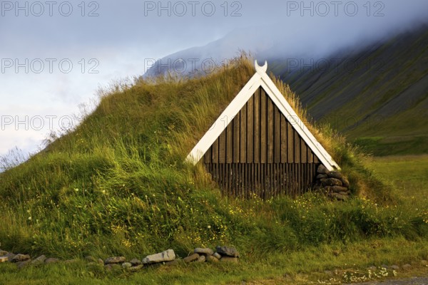 Traditional wooden hut with sod roof, Reykjadiskur, Iceland