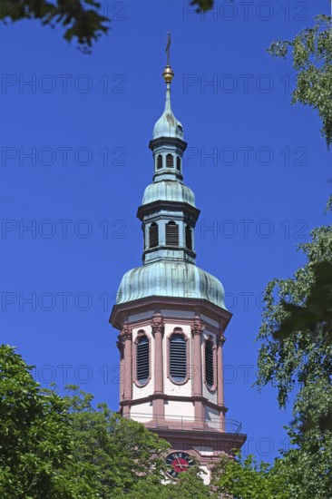 Tower of the Heilig-Kreuz church, foundation walls from the 13th century, rebuilt around 1700 after the town fire, Offenburg, Baden-Württemberg, Germany