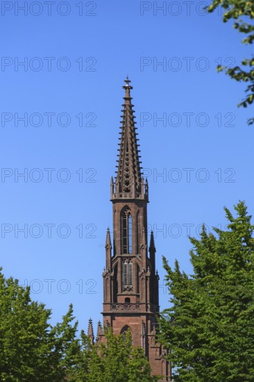 Tower of the neo-Gothic town church, around 1850, Offenburg, Baden-Württemberg, Germany