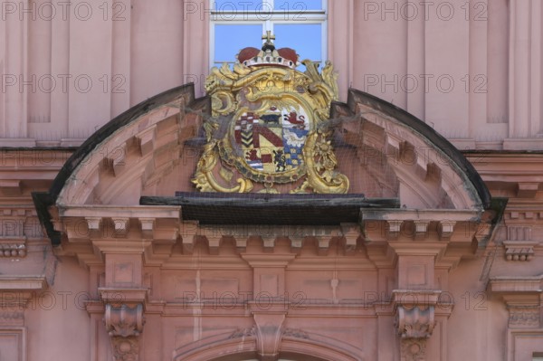 Historical town coat of arms on the former Konigshof, Hauptstrasse, Offenburg, Baden-Württemberg, Germany