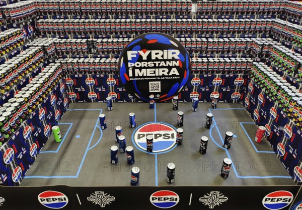 Football stadium built from beverage cans for the European Women's Championship in the supermarket, Keflavik, Reykjanesbær, Iceland