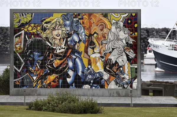 Tile mural by Erró, actually Gumundur Gumundsson in Ólafsvík, where he was born, in front of the harbour, Iceland