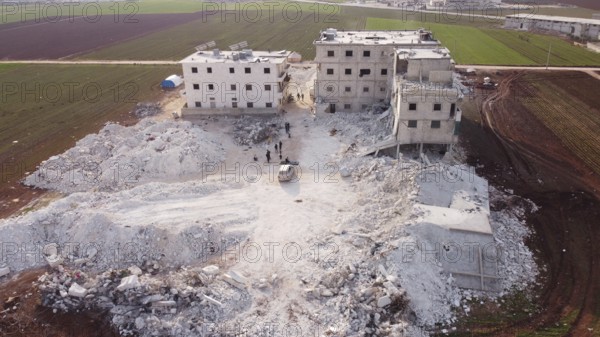 An aerial view shows the destruction of homes caused by the powerful earthquake that struck Turkey and Syria, killing tens of thousands. Aleppo, Syria – Feb 6, 2023, aleppo, syria