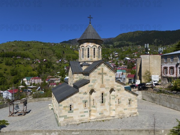 Simple, historic church in a typical mountain region, surrounded by nature under a blue sky, aerial view, Andrew Apostol Church, Khulo, Khulo, Autonomous Republic of Adjara, Adjara, Lesser Caucasus, Georgia