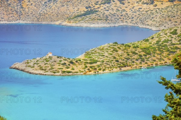 Panormitis bay, high angle view, Panormitis, Symi Island, Dodecanese Islands, Greece