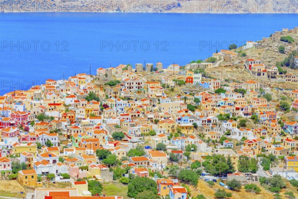 View over Chorio (upper town), Chorio, Symi Island, Dodecanese Islands, Greece