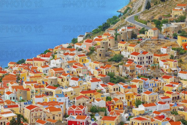 Chorio (upper town), high angle view, Chorio, Symi Island, Dodecanese Islands, Greece