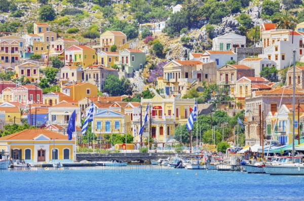 View of Gialos Harbour, Gialos, Symi Island, Dodecanese Islands, Greece