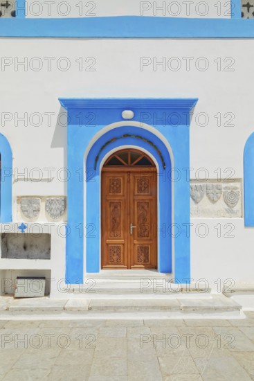 Megali Panagia church facade, Chorio, Symi Island, Dodecanese Islands, Greece