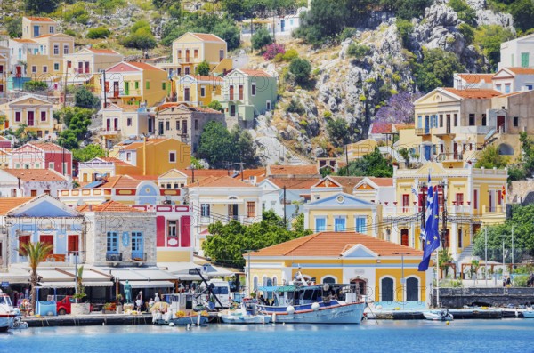 View of Gialos Harbour, Gialos, Symi Island, Dodecanese Islands, Greece