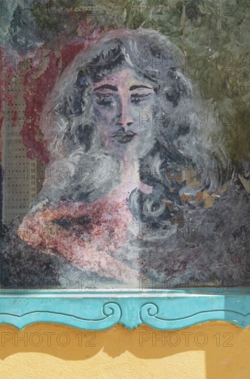 Painted outdoor cafe window, Gialos, Symi Island, Dodecanese Islands, Greece