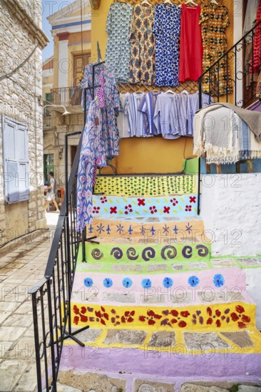Old town painted staircase, Gialos, Symi Island, Dodecanese Islands, Greece