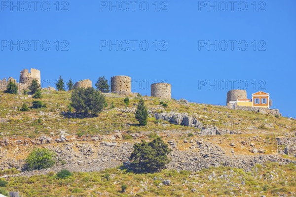 Traditional windmills, Chorio, Symi Island, Dodecanese Islands, Greece