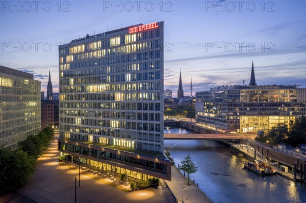 Aerial view of the Spiegel building at Ericusspitze in Hamburg's HafenCity in the Brooktorkai neighbourhood at blue hour, Hamburg, Germany